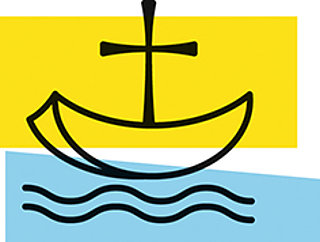 Logo Ökumene, Boot mit Kreuz als Mast auf dem Wasser